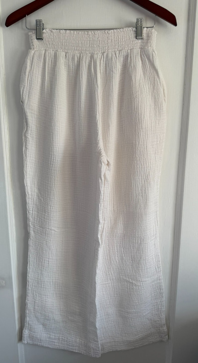 Faherty Pants - Faherty Dream Cotton Gauze Wide-Leg Pants Women M White Smocked Elastic Waist